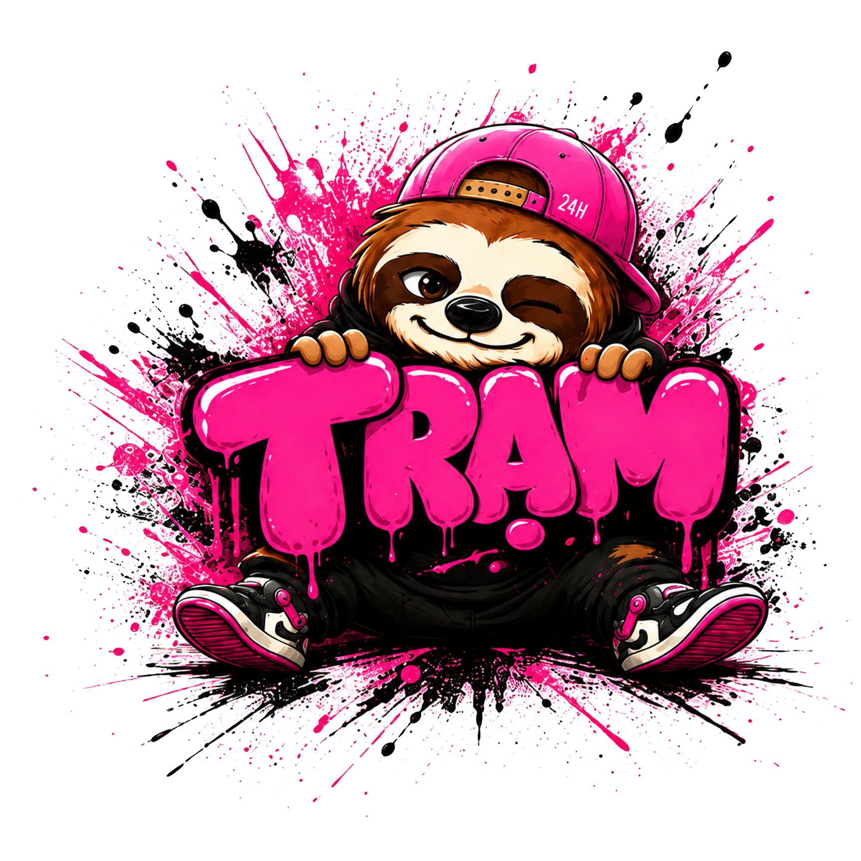 Mascot con lười TRẠM 24H đội mũ hồng, đi giày sneaker, ôm chữ TRAM graffiti